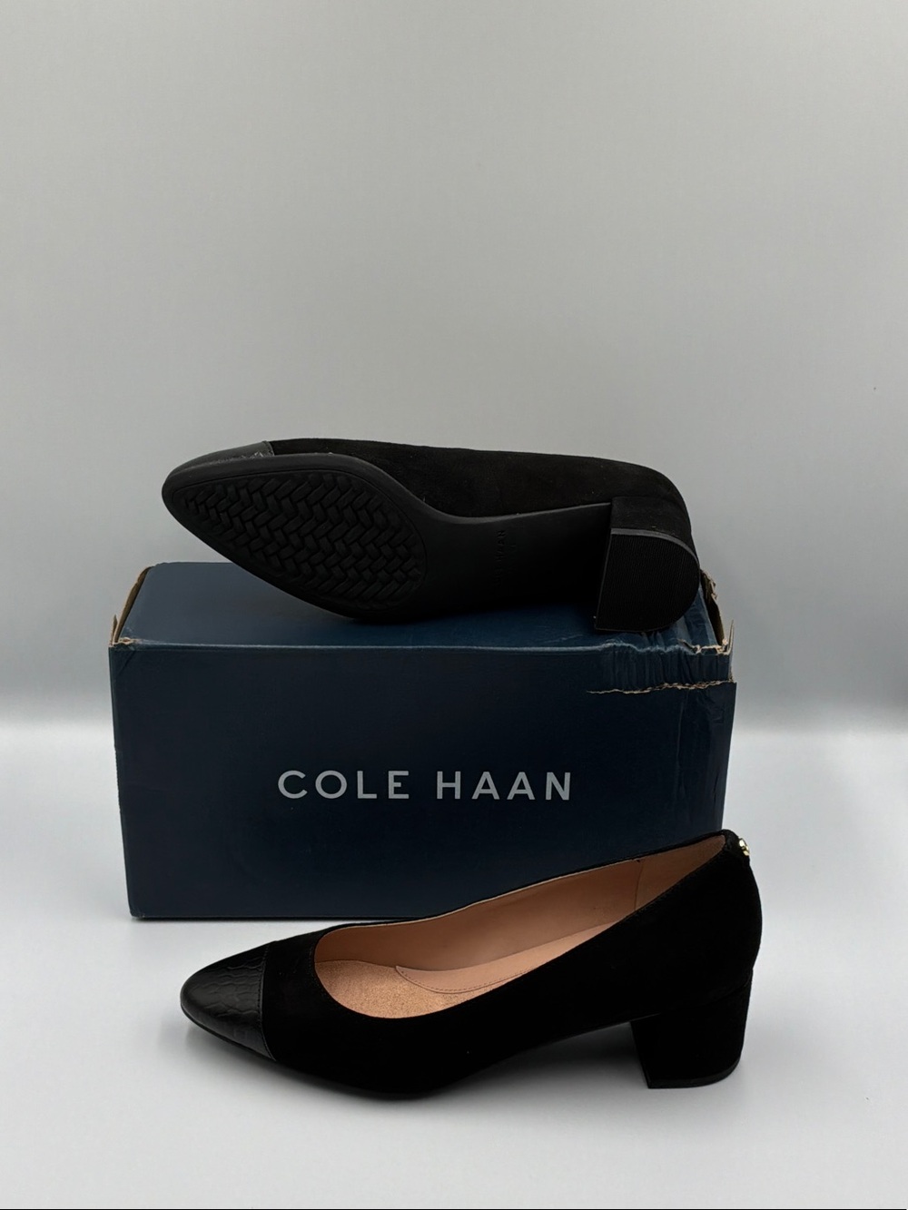 Cole Haan Black Suede Low Block Heel Pump with Cap Toe